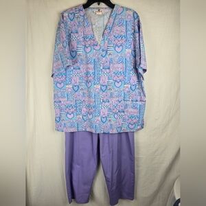 Expo Women's Purple Patterned Short Sleeve Scrub Set Sz XL